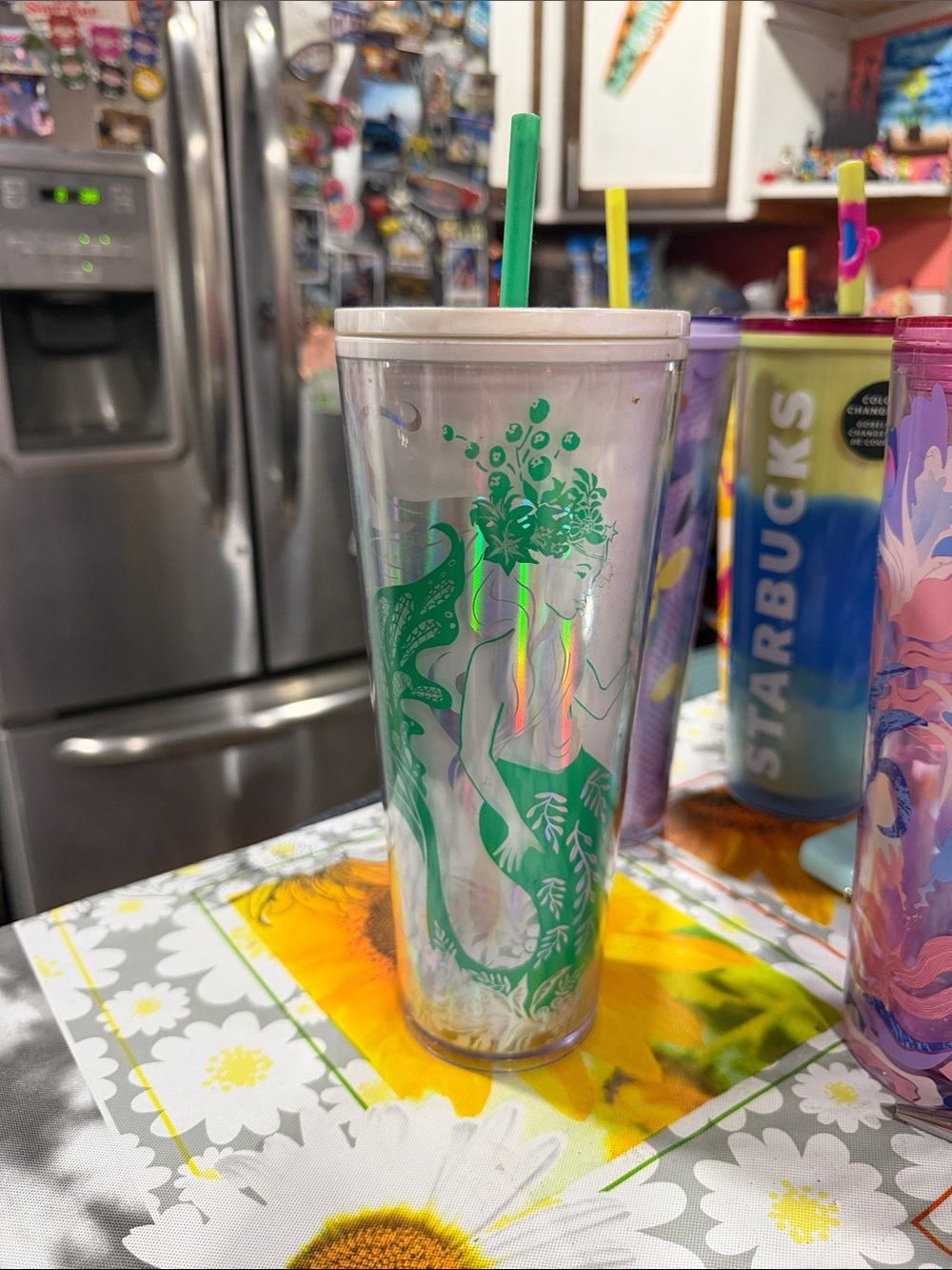 Starbucks Iridescent Clear Tumbler with Green Mermaid Design and White Lid
